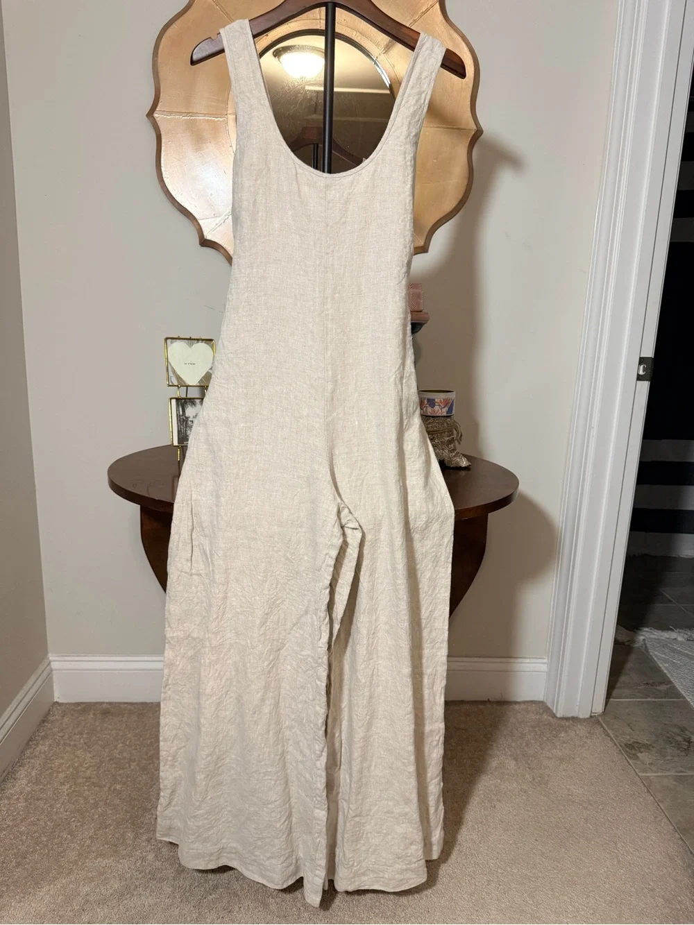 Reformation Women’s Nell Jumpsuit Linen Oatmeal Sleeveless Wide-Leg Jumpsuit Tie